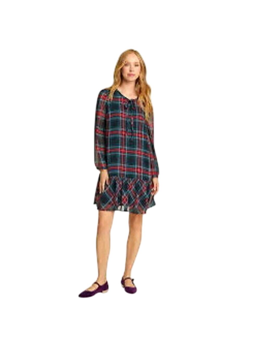 Draper James Rosanne Drop Waist Dress Red Green Black Georgia Plaid XXL